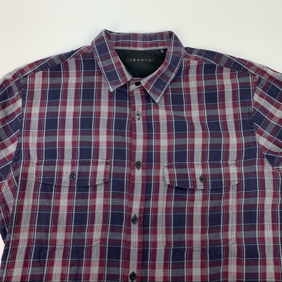 Theory Aumont Kentin Casual Button Down Shirt Paid Preppy Blue Red Large - Picture 3 of 8